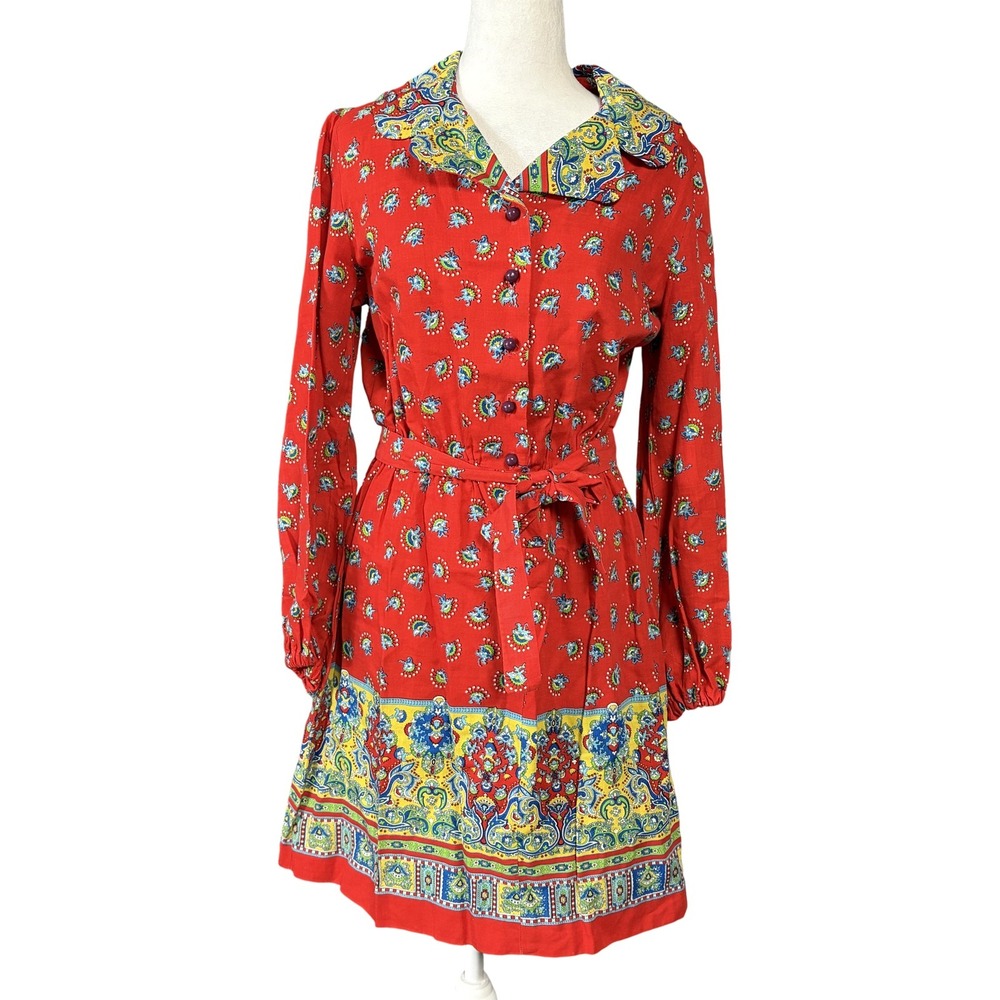 Vintage Cos‎ Cob Dress Womens Small Red Boho Paisley Border Belted Button 70s